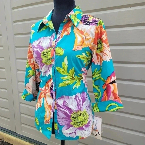 Rene Derhy Cotton Floral Blouse Button Shirt Womens Colorful Medium Beaded - Picture 4 of 11